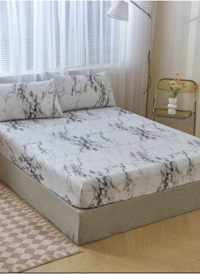 4 Pieces Bedsheet Set, White Marble.