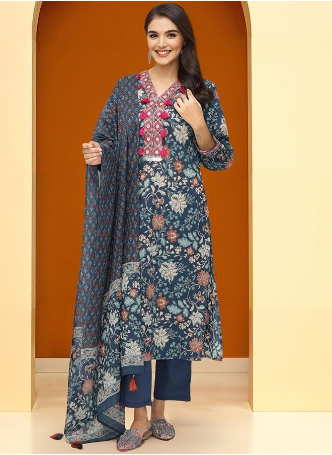 Mid Rise Women Navy Cotton Kurta Set with Embroidered pattern Tunic and Palazzo features a Round neckline and Three-Fourth Sleeve secured with Elastic closure and styled in Straight Fit ideal for Festive moments — a must-have for your statement wardrobe.