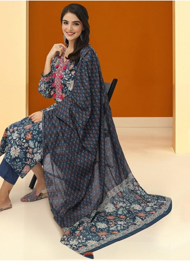 Mid Rise Women Navy Cotton Kurta Set with Embroidered pattern Tunic and Palazzo features a Round neckline and Three-Fourth Sleeve secured with Elastic closure and styled in Straight Fit ideal for Festive moments — a must-have for your statement wardrobe.