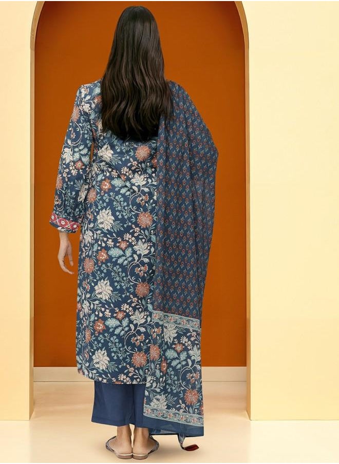 Mid Rise Women Navy Cotton Kurta Set with Embroidered pattern Tunic and Palazzo features a Round neckline and Three-Fourth Sleeve secured with Elastic closure and styled in Straight Fit ideal for Festive moments — a must-have for your statement wardrobe.