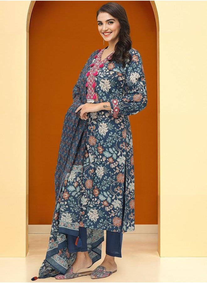 Mid Rise Women Navy Cotton Kurta Set with Embroidered pattern Tunic and Palazzo features a Round neckline and Three-Fourth Sleeve secured with Elastic closure and styled in Straight Fit ideal for Festive moments — a must-have for your statement wardrobe.