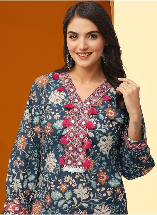 Mid Rise Women Navy Cotton Kurta Set with Embroidered pattern Tunic and Palazzo features a Round neckline and Three-Fourth Sleeve secured with Elastic closure and styled in Straight Fit ideal for Festive moments — a must-have for your statement wardrobe.
