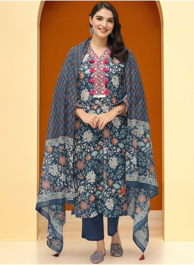 Mid Rise Women Navy Cotton Kurta Set with Embroidered pattern Tunic and Palazzo features a Round neckline and Three-Fourth Sleeve secured with Elastic closure and styled in Straight Fit ideal for Festive moments — a must-have for your statement wardrobe.