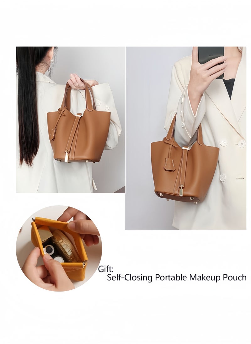 Bucket bag, vegetable basket, women's bag, leather handbag, Mommy bag, bridal bag, advanced sense of brown.