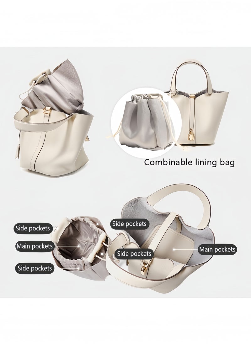 Bucket bag, vegetable basket, women's bag, leather handbag, Mommy bag, bridal bag, advanced black.