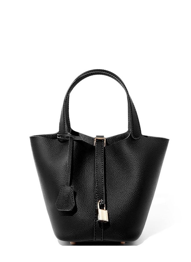 Bucket bag, vegetable basket, women's bag, leather handbag, Mommy bag, bridal bag, advanced black.