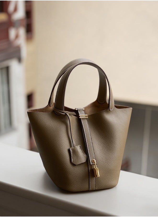 Bucket bag, vegetable basket, women's bag, leather handbag, Mommy bag, bridal bag, advanced gray.