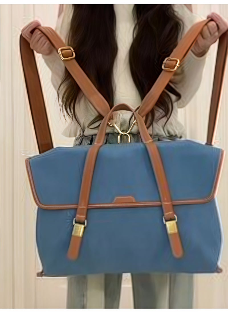 Men's and women's leather backpacks, vintage travel office bags, large capacity shoulder bags (Denim blue,One size)
