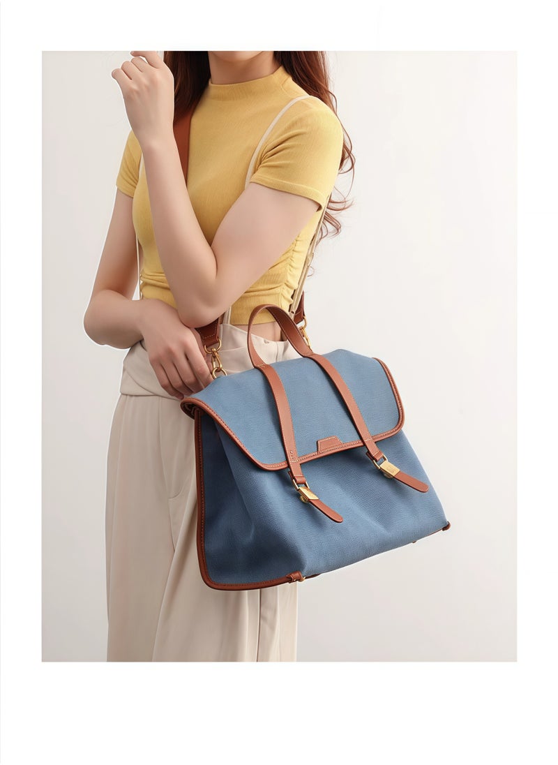 Men's and women's leather backpacks, vintage travel office bags, large capacity shoulder bags (Denim blue,One size)