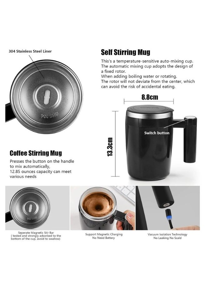 Cup/Coffee Mixing Cup, Rechargeable Automatic Magnetic Coffee Cup With 2 Mixing Rods, Waterproof Automatic Mixing Cup, Suitable For Office/Kitchen/Travel Milk/Cocoa 14 oz Best Gift - Blac