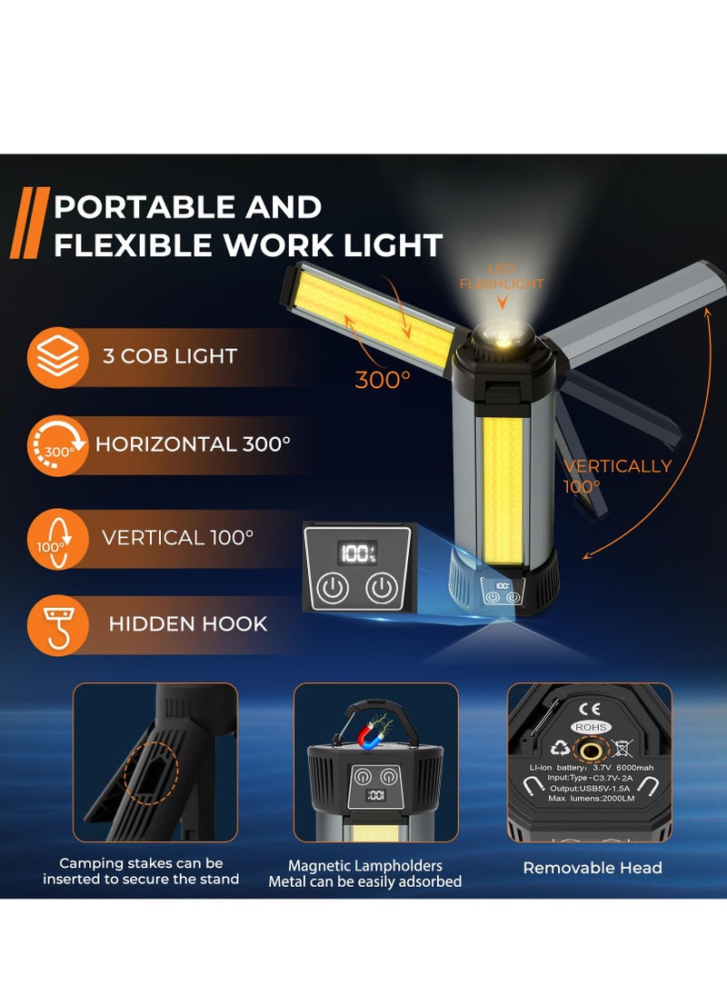 Rechargeable Work Light with Stand, Cordless LED Work Light with Portable Folding Stand, 6AH Battery Work Light, 2000Lumen Outdoor Camping Construction Lights