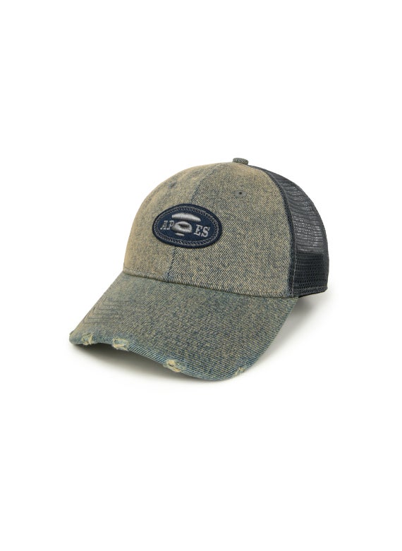 Moonface logo distressed denim cap