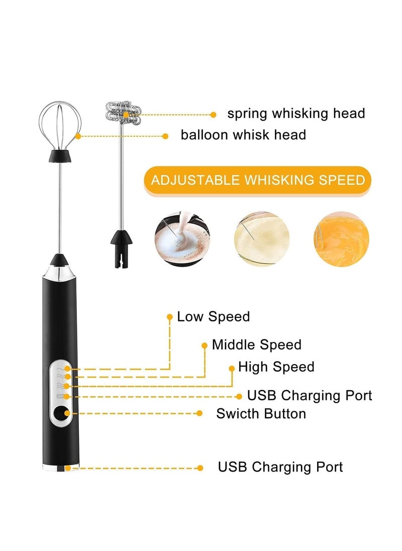 Rechargeable Electric Foam Maker,Milk Frother Handheld Foam Maker,Drink Mixer with Stainless whisks ,3 Speed Adjustable Foam Maker Blender,for Cappuccino Coffee,Lattes,Matcha, Hot Chocolate (Black)