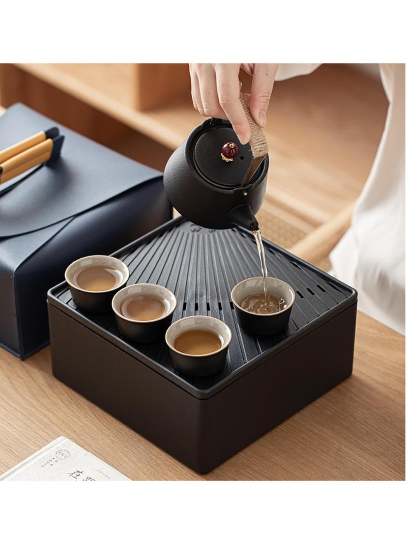 Storage Box Portable Travel Tea Set One Pot Four Cup Ceramic Tea Set-Lifting beam kettle black