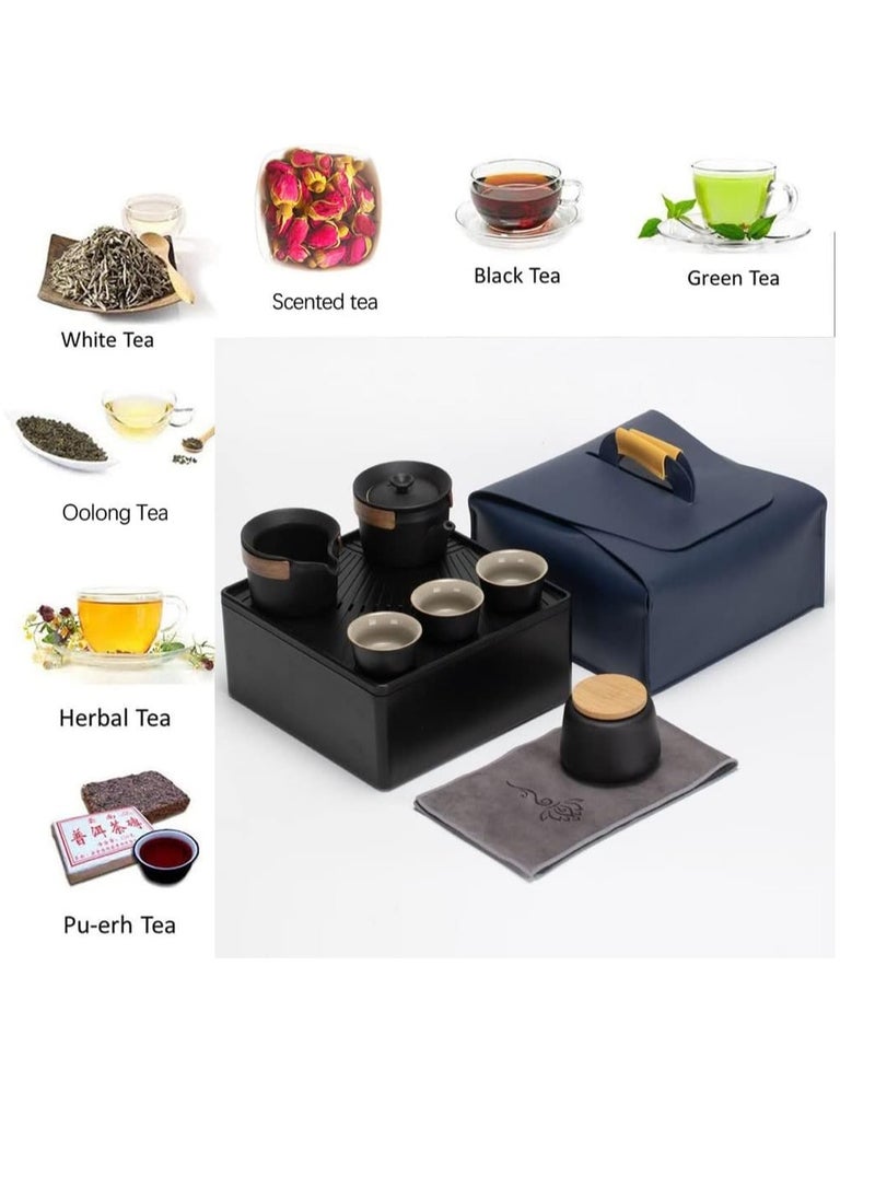 Tea Set, Chinese Teapot Cup Set with Tray - Travel Ceramic Tea Set Porcelain Teapot, Portable Integrated Gift Bag for Outdoor Picnic Business (Black)