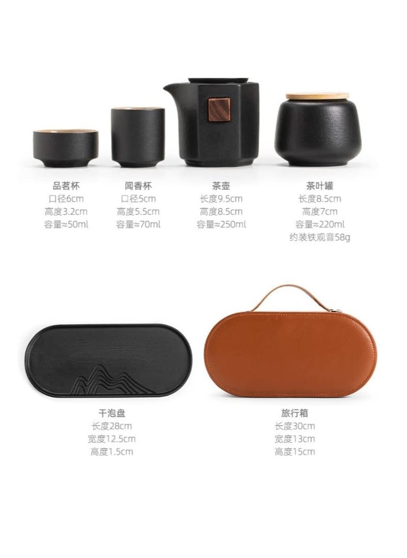 Travel Tea Set Full Set Pot Three Cups Ceramic with Tea Tray High-end Gift Portable Set Tea Set (Black)