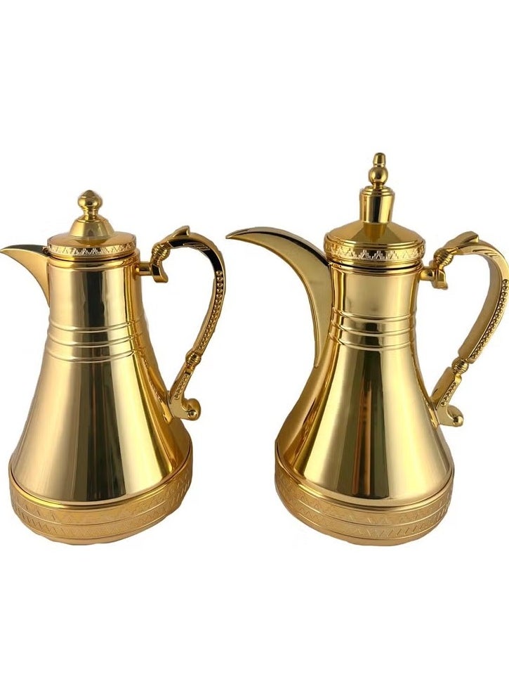 Premium 2-Piece Tea & Coffee Flask Set – 0.75L & 1L Gold | Steel Body with Glass Inner | Elegant Hot & Cold Beverage Thermos | Made in Turkey
