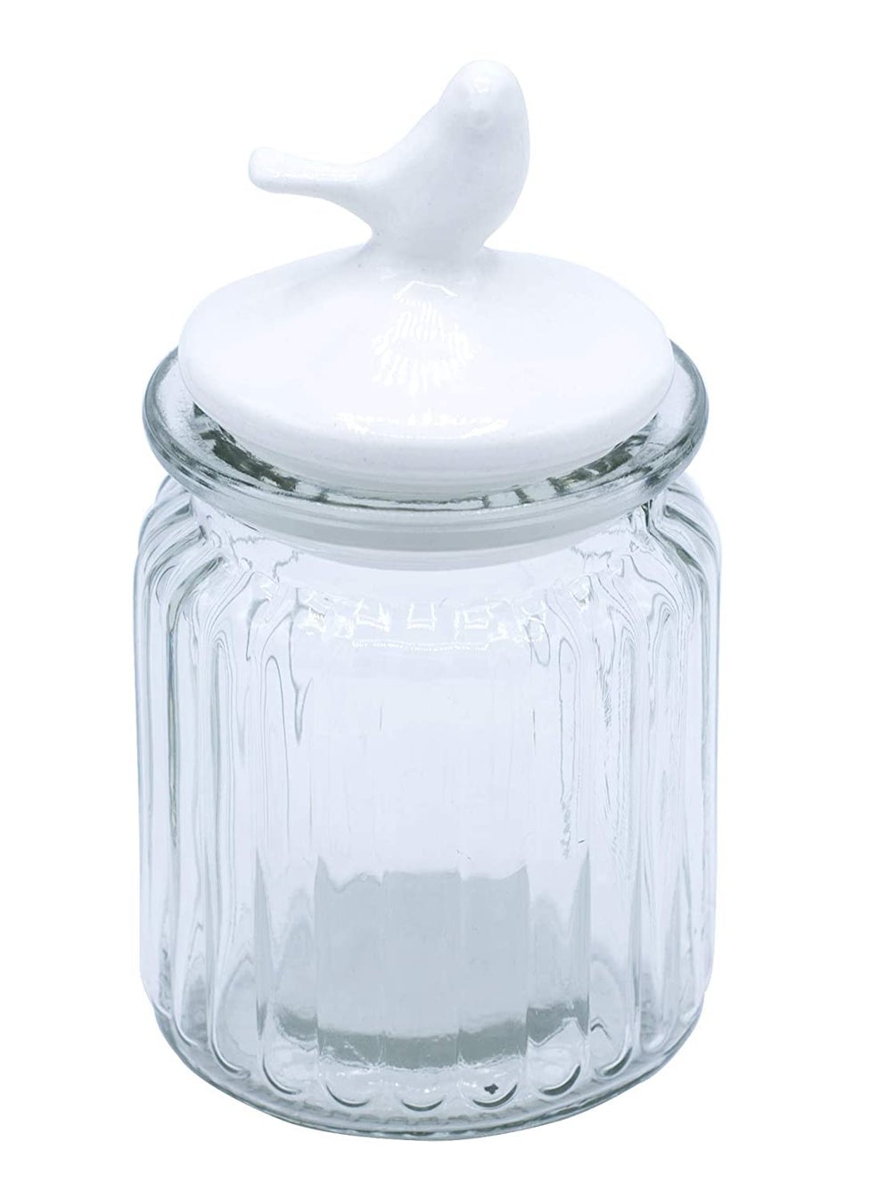 HOMIES,Round Glass jar of 280ml with Ceramic Bird Shaped White Color lid For Kitchen,Office,etc(Pack of 1)