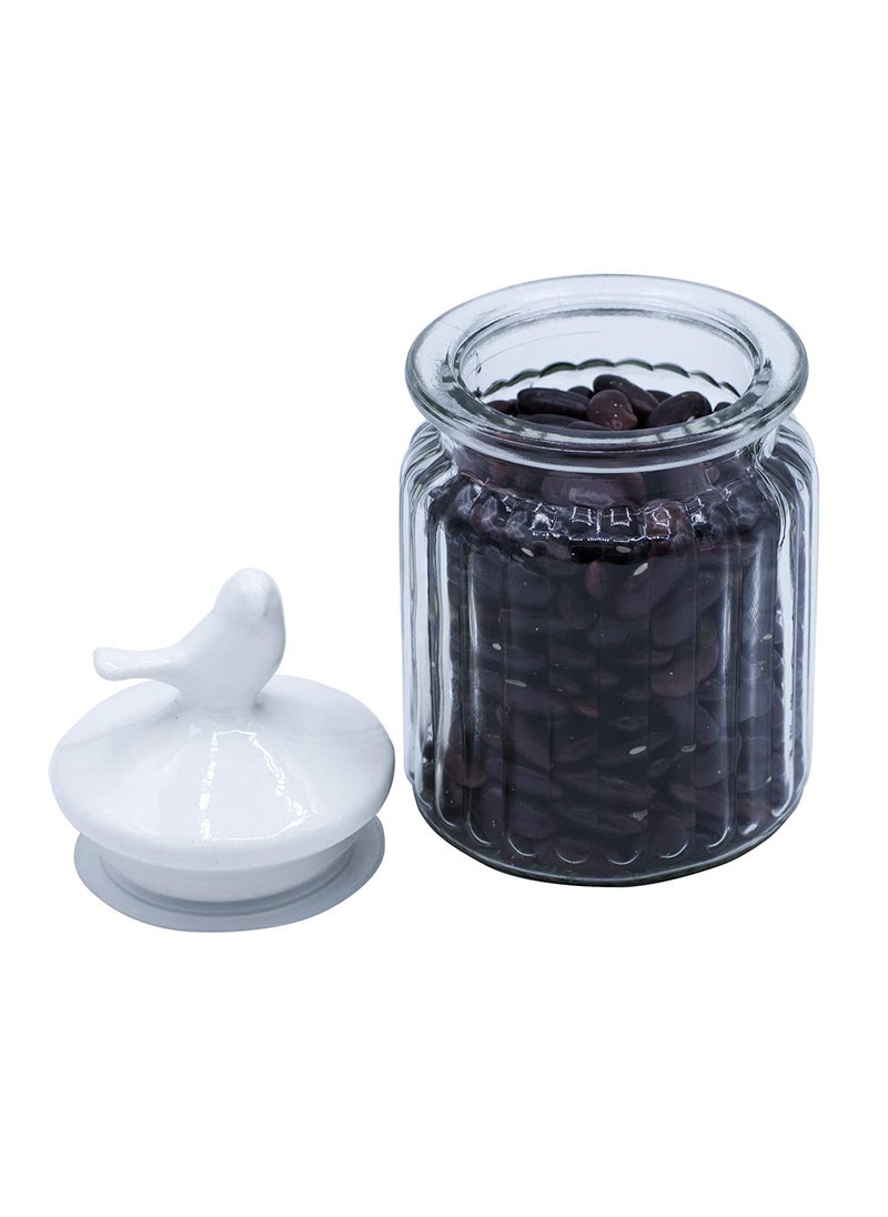 HOMIES,Round Glass jar of 280ml with Ceramic Bird Shaped White Color lid For Kitchen,Office,etc(Pack of 1)