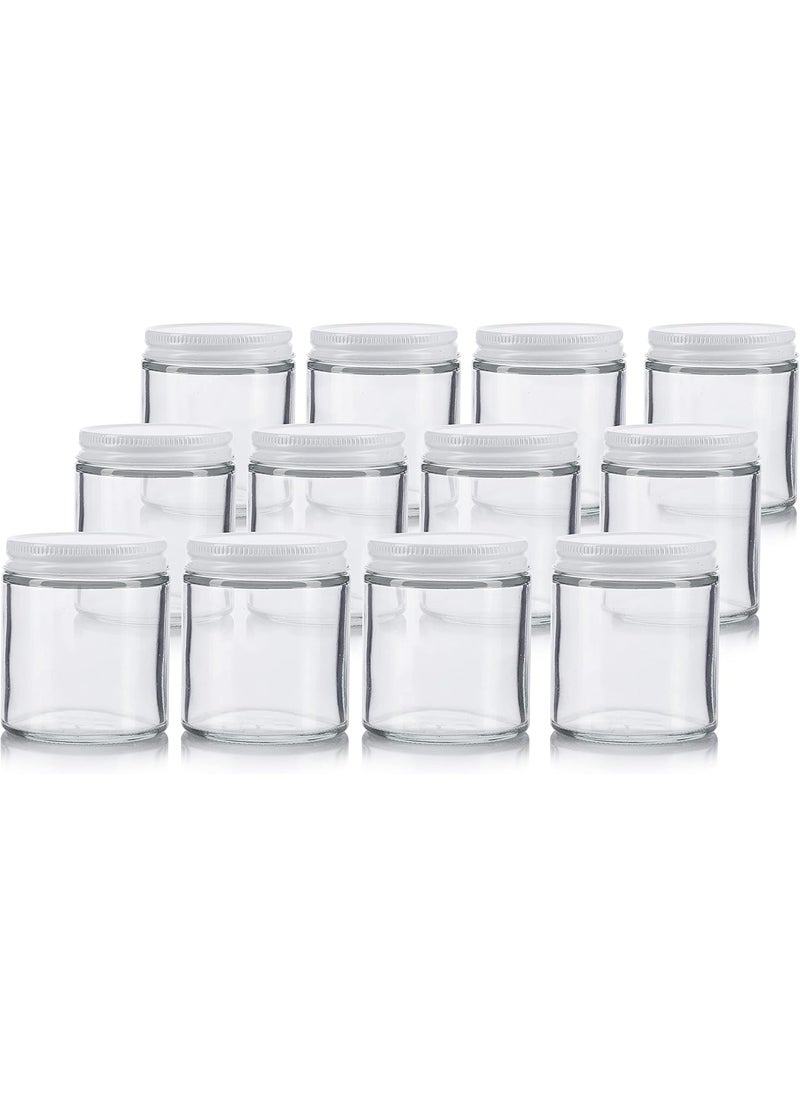 JUVITUS Clear Thick Glass Straight Sided Jar with White Metal Airtight Lid - 4 oz / 120 ml (12 pack) BPA Free Refillable Empty Storage Containers