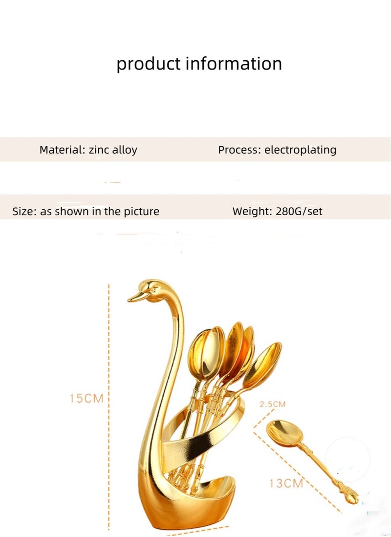 Gold small coffee spoon holder set, swan base with 6 espresso spoon set (approx. 13 cm) mini dessert spoon, stainless steel tea spoon