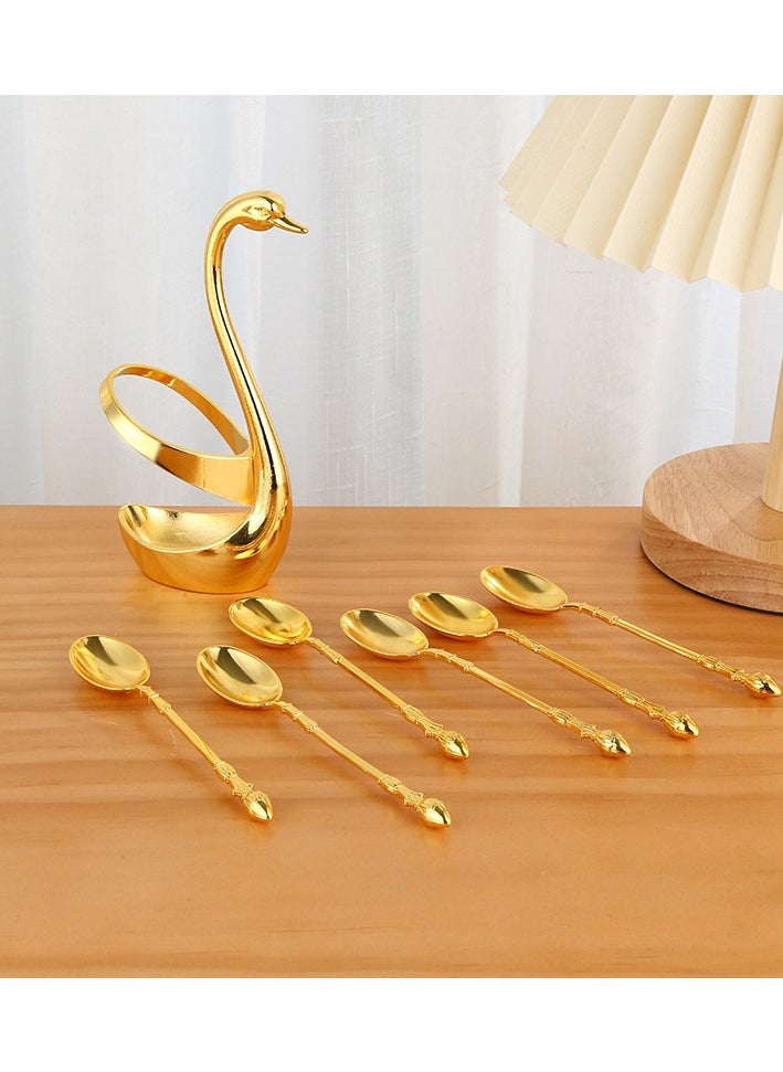 Gold small coffee spoon holder set, swan base with 6 espresso spoon set (approx. 13 cm) mini dessert spoon, stainless steel tea spoon