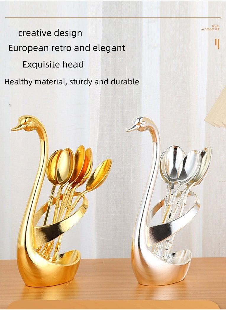Gold small coffee spoon holder set, swan base with 6 espresso spoon set (approx. 13 cm) mini dessert spoon, stainless steel tea spoon