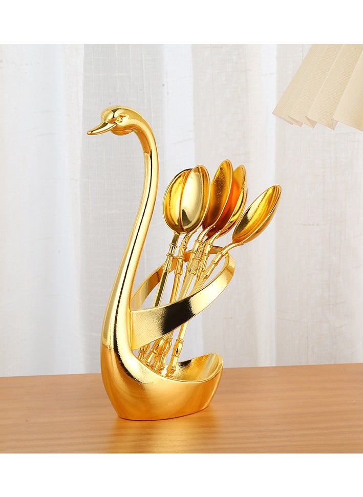 Gold small coffee spoon holder set, swan base with 6 espresso spoon set (approx. 13 cm) mini dessert spoon, stainless steel tea spoon