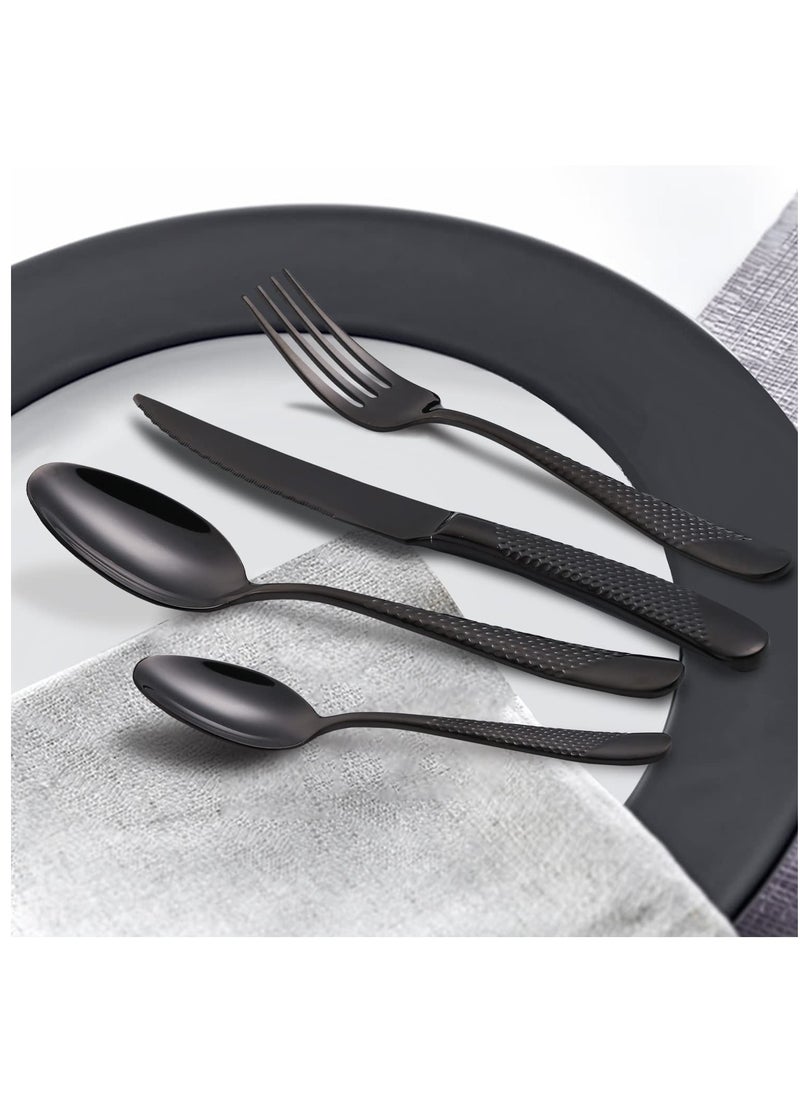 Hammered Silverware Set, 4 Piece Modern Black 18 Or 10 Stainless Steel Flatware Set With Forks Spoons And Knives, Unique Metal Cutlery Sets For Home Restaurant, Mirror Polished And Dishwasher Safe