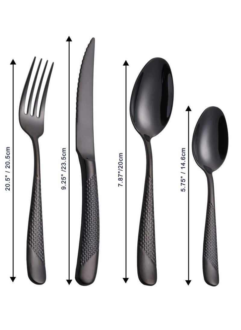 Hammered Silverware Set, 4 Piece Modern Black 18 Or 10 Stainless Steel Flatware Set With Forks Spoons And Knives, Unique Metal Cutlery Sets For Home Restaurant, Mirror Polished And Dishwasher Safe