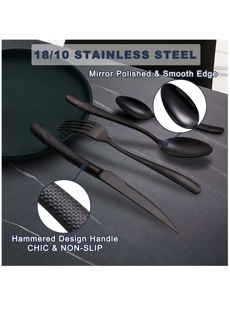Hammered Silverware Set, 4 Piece Modern Black 18 Or 10 Stainless Steel Flatware Set With Forks Spoons And Knives, Unique Metal Cutlery Sets For Home Restaurant, Mirror Polished And Dishwasher Safe