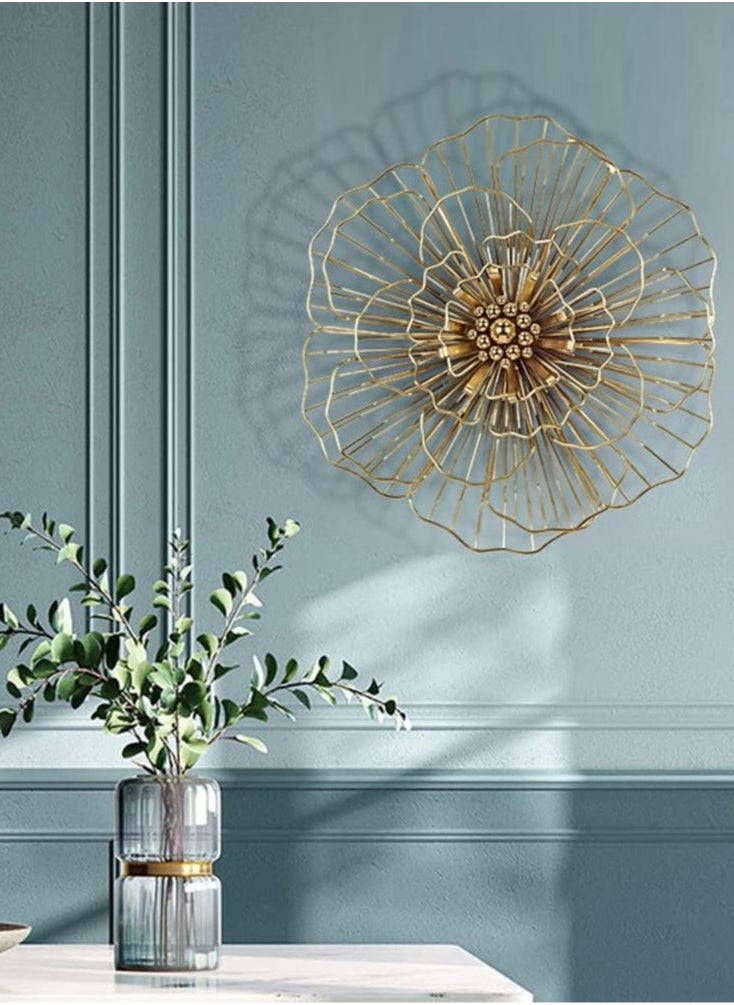 Modern Wall Sculpture, Metal Flower Wall Sculpture, Lotus Flower, Steel Beads, Wall Hanging Decoration, Lightweight, Luxurious, Golden Flower Wall Art for Bedroom, Living Room, Office Size: 39cm