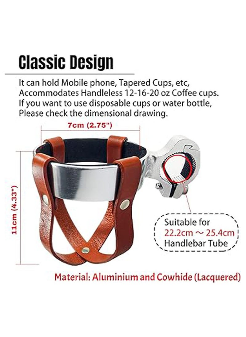 Vintage Leather Bike Beverage Holder Cruiser Bike Coffee Cup Holder, Water Bottle Cup Holder with Metal Clamp for Beach Cruiser Motorcycle Bike Boat Stroller Walker Wheelchair Scooter Golf Cart