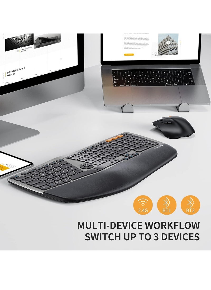 Ergonomic Wireless Keyboard Mouse, EKM01 Ergo Bluetooth Keyboard and Mouse Combo, Split Design, Palm Rest, Multi-Device, Rechargeable, Windows/Mac/Android (Space Gray)