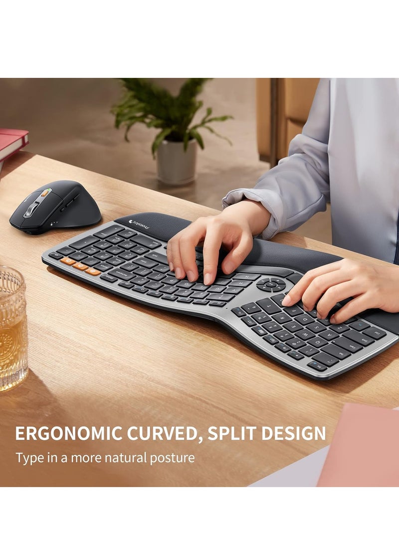 Ergonomic Wireless Keyboard Mouse, EKM01 Ergo Bluetooth Keyboard and Mouse Combo, Split Design, Palm Rest, Multi-Device, Rechargeable, Windows/Mac/Android (Space Gray)