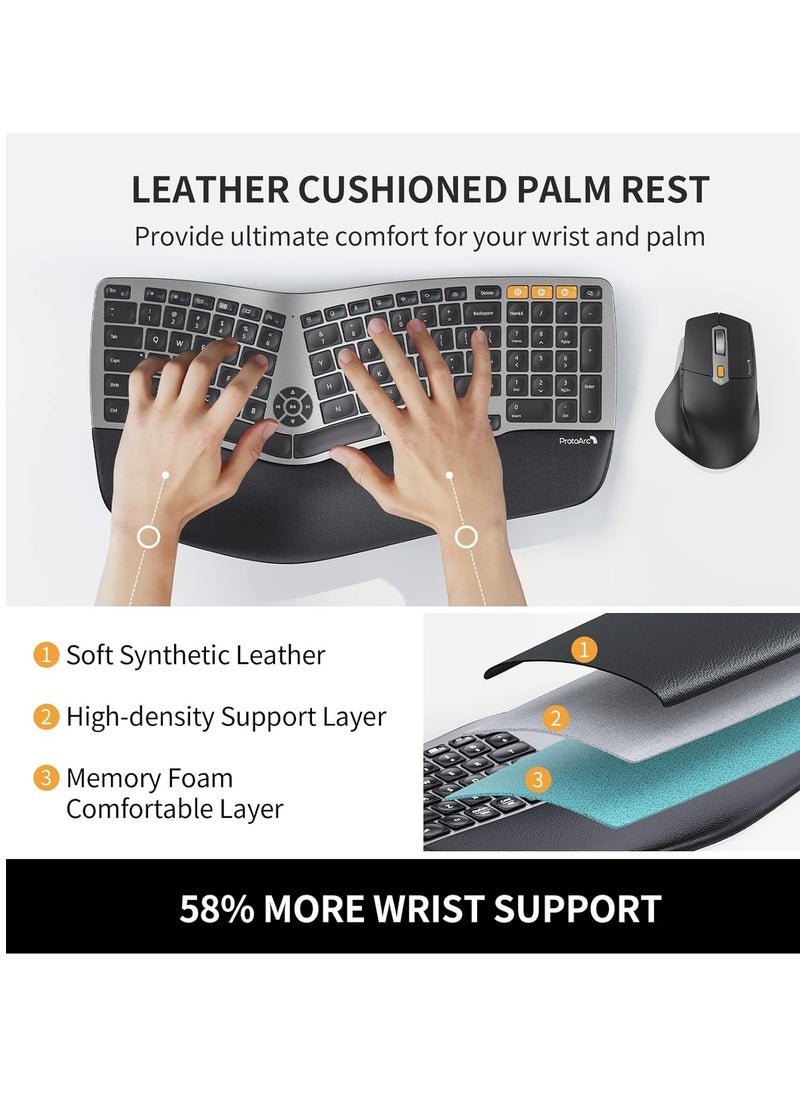 Ergonomic Wireless Keyboard Mouse, EKM01 Ergo Bluetooth Keyboard and Mouse Combo, Split Design, Palm Rest, Multi-Device, Rechargeable, Windows/Mac/Android (Space Gray)