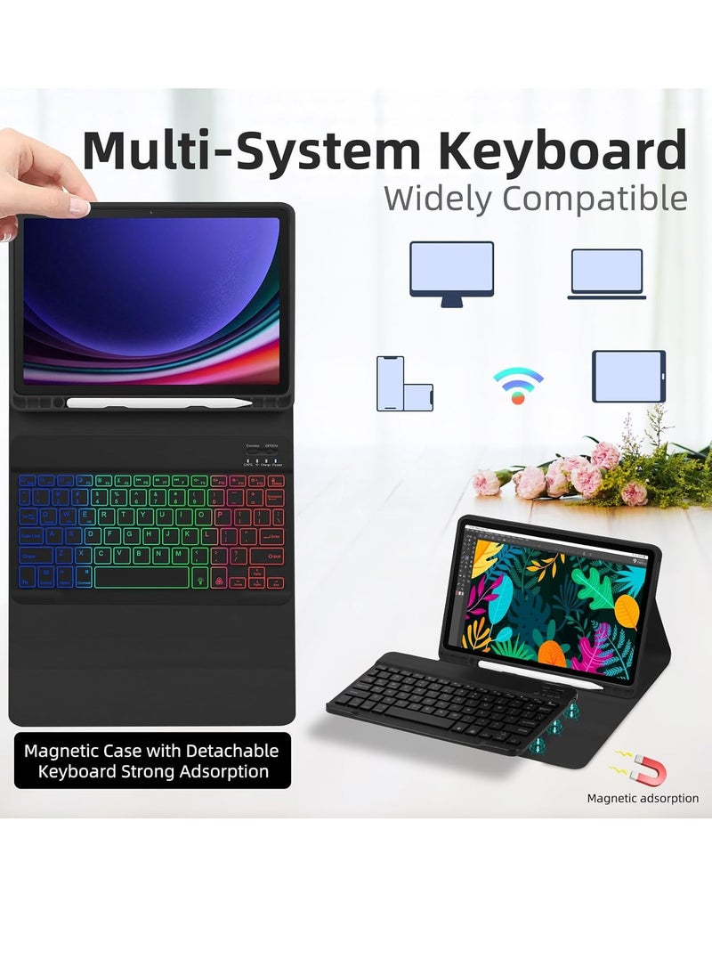 Case with Keyboard for Samsung Galaxy Tab S7 S8 S9 S9FE 11 inch,7 Color Rainbow Backlit Detachable Keyboard Magnetic Case with Pen Slot for Samsung Tablet S7 S8 S9 S9FE-Black