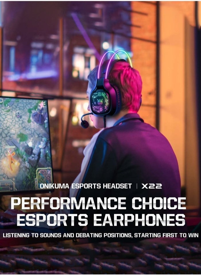 X22 Over-Ear Gaming Wired Headphones – Gaming Headset with Microphone, RGB LED Lights, Stereo Sound, Comfortable Earphones for PS4/PS5/XOne/XSeries/NSwitch/PC – Ideal for Immersive Gaming, Chat, and Long Sessions – Black