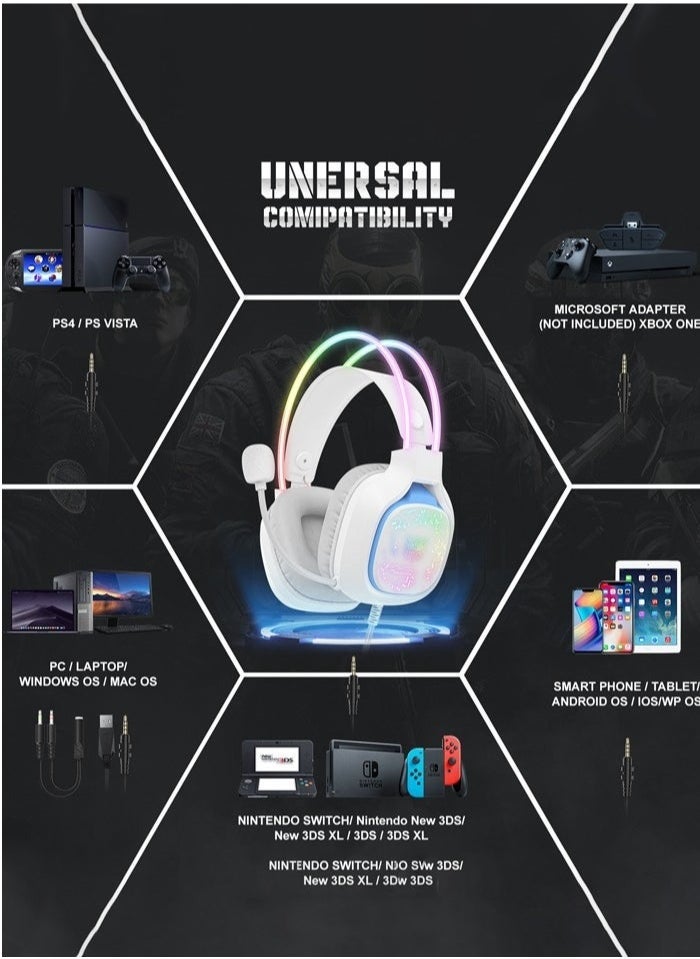 X22 Gaming Headset,Over-Ear Gaming Wired Headphones For PS4/PS5/XOne/XSeries/NSwitch/PC,White