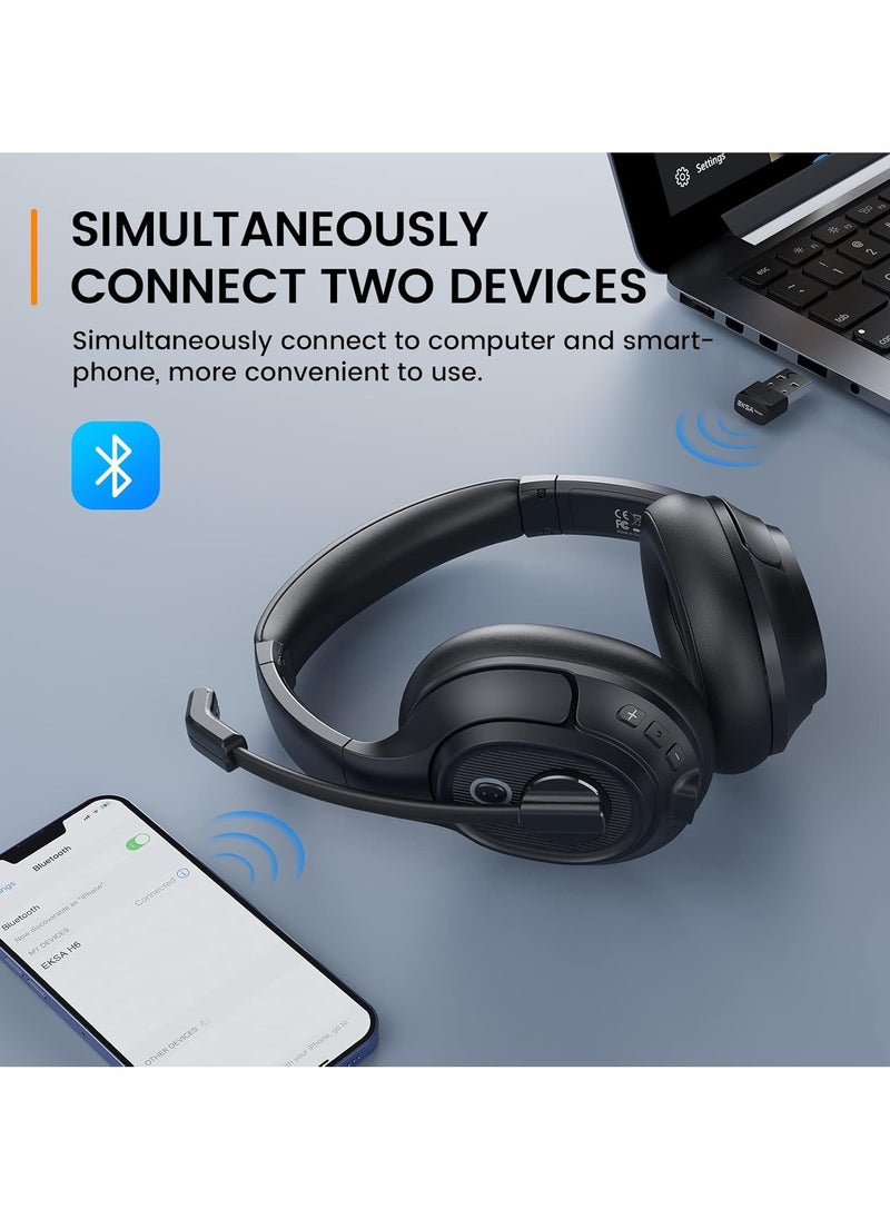 EKSA H6 Wireless Headset with Microphone & USB Dongle [Up to 55 Hours & 10 Metre Range] Bluetooth PC Headset with AI Noise Cancelling Mic, Over Ear Headphone