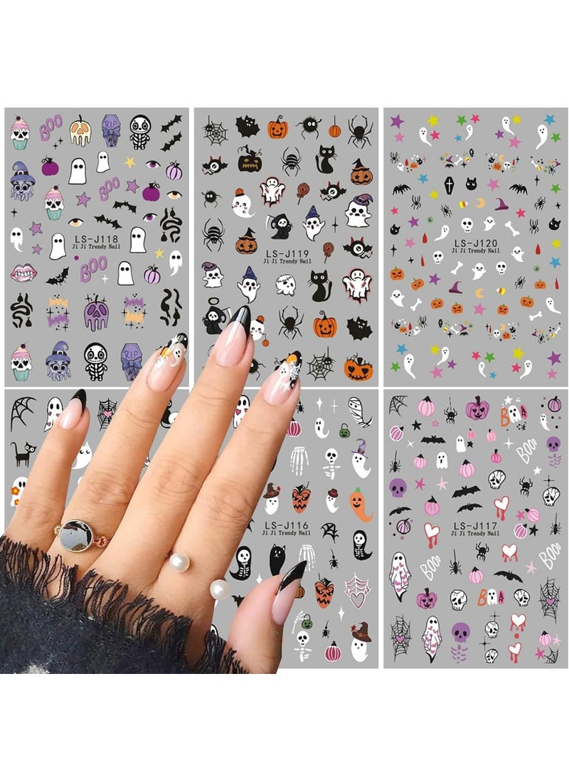 Halloween Nail Art Stickers Halloween Nail Decals for Nail Art Cute Ghost 3D Self-Adhesive Small Pumpkin Skull Witch Bat Ghost Spider Design Cute Halloween Nail Art Decoration for Women Girls 6PCS