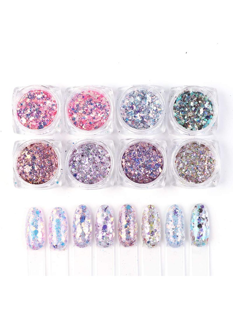 Holographic Nail Art Sequins Glitter Kits 8 Boxes 3D Nails Glitter Metallic Shining Flakes Acrylic Powder Dust Sequins for Nails Decoration Holographic Manicure Tips (Pink)