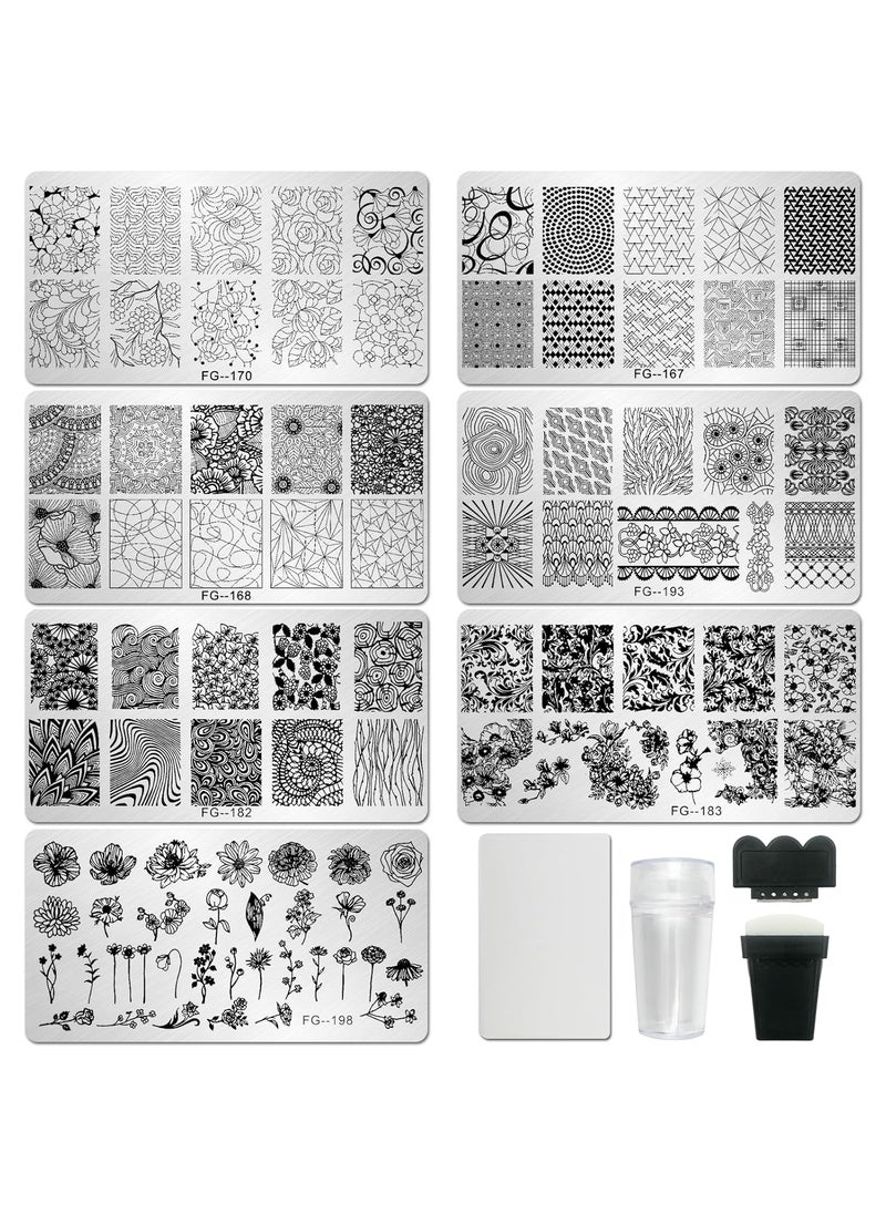 AddFavor Nail Stamper Kit 7pcs Nail Stamping Plates Geometric Mandala Flower Nail Stencils with 2 Stamp and 2 Scraper for Home Salon Manicure Design Supplies Tools