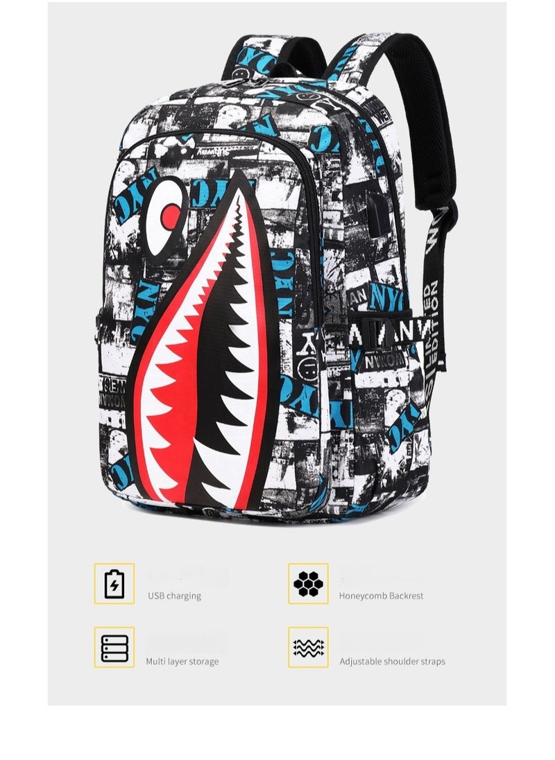 Children's Schoolbag Shark Pattern Printed Backpack Lightweight and Large Capacity 29*42*16cm