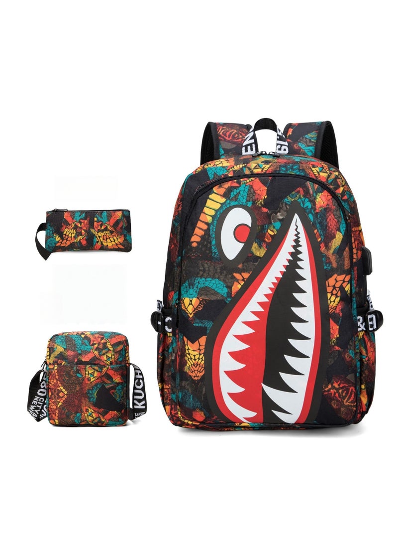 USB Charging Port Male Student Schoolbag Shark Personality Pattern Printed Backpack Large Capacity Lightweight Backpack 29*42*16CM + Pencil Case 22*11*1CM + Shoulder Bag 20*23*6CM