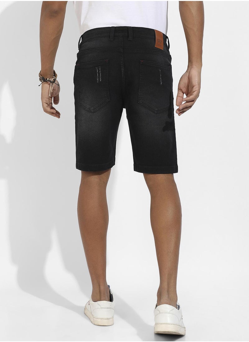 Men's Black Minimal Distressed Denim Shorts