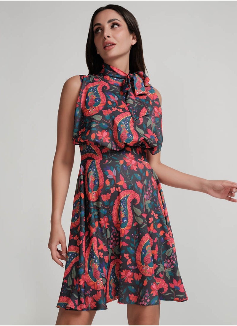 Floral Tie-Neck Dress