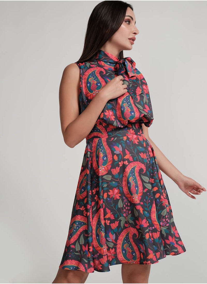 Floral Tie-Neck Dress