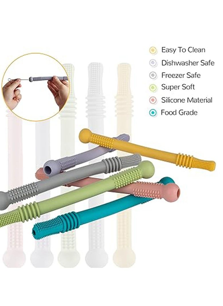 Hollow Teether Tube Chew Straw Toy for Infant Toddlers Silicone Tubes Teething Toys for Babies 3-12 Months BPA Free/Freezable/Dishwasher and Refrigerator Safe