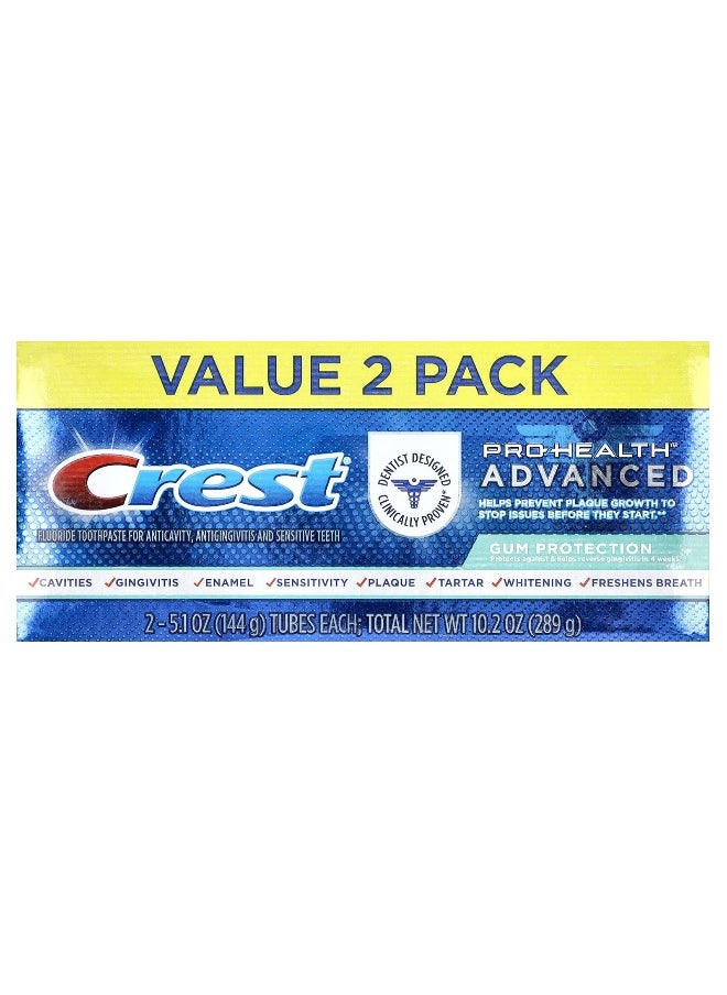 Crest, Pro Health Advanced, Fluoride Toothpaste, Gum Protection, 2 Pack, 5.1 oz (144 g) Each